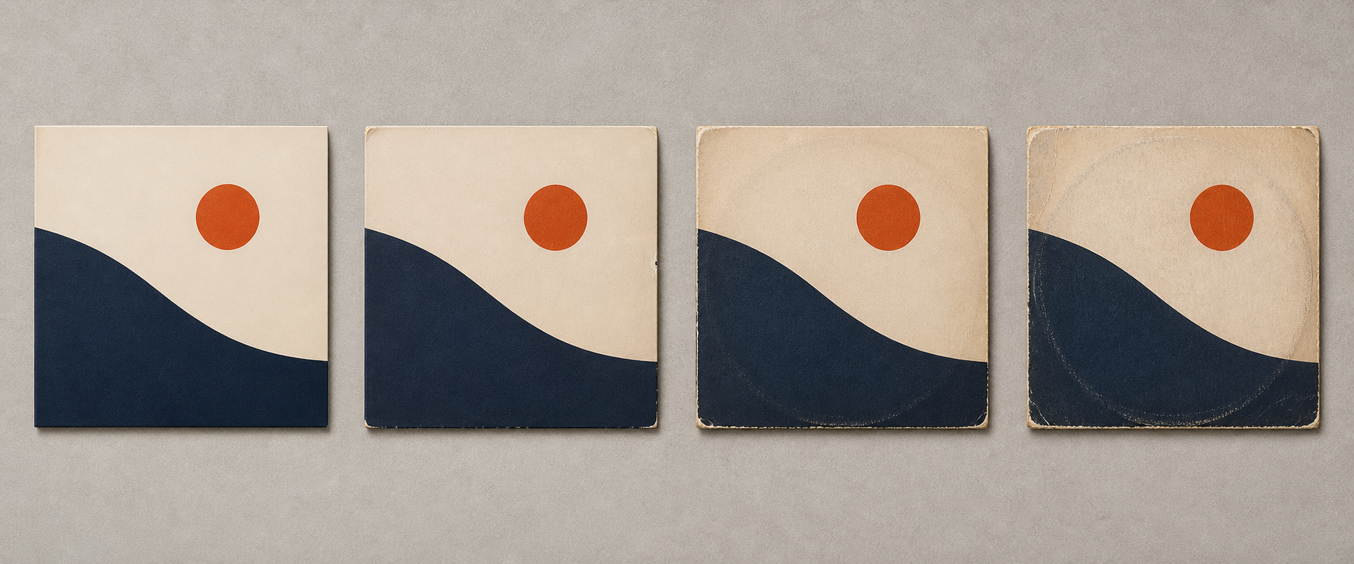 Illustrative comparison of record jackets from visibly worn to excellent
